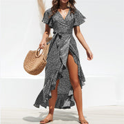 Fashion printed high-waist lace-up V-neck sexy chiffon swing irregular dress