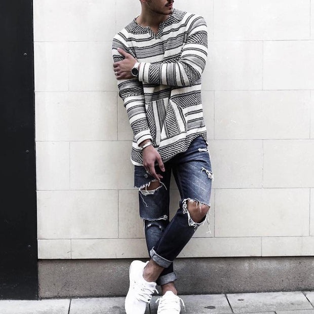Men's Casual V-Neck Long Sleeved Striped T-shirt