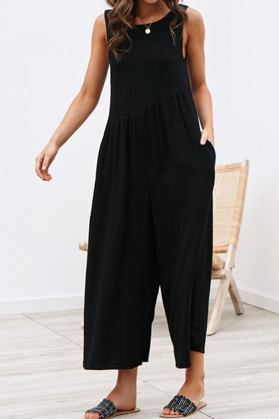 Womens solid color loose pleated jumpsuit
