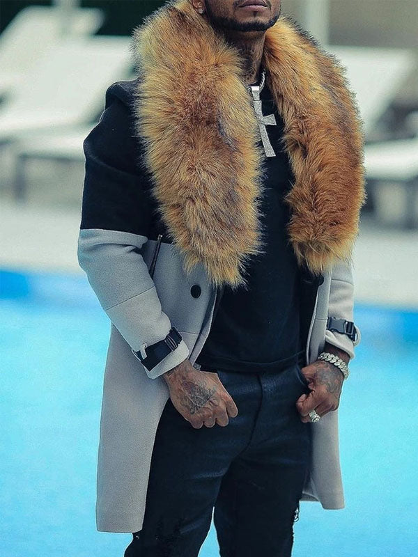 Long Button Color Block Double-Breasted Casual Coat