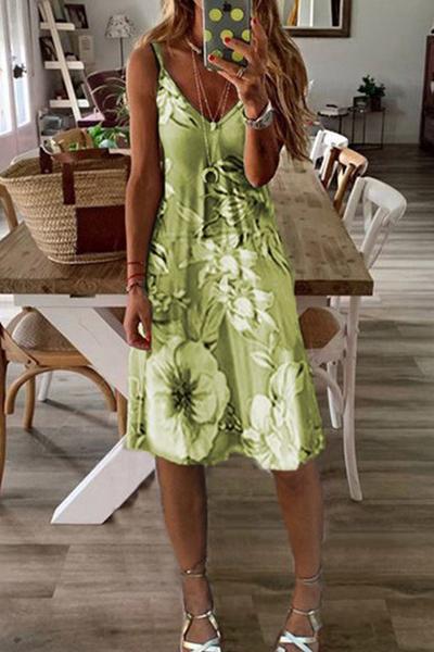 Women's Sexy V-neck Printed A- line Midi Dress