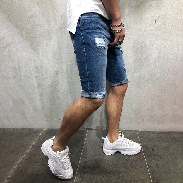 Blue Ripped Slim-Fit Denim Shorts