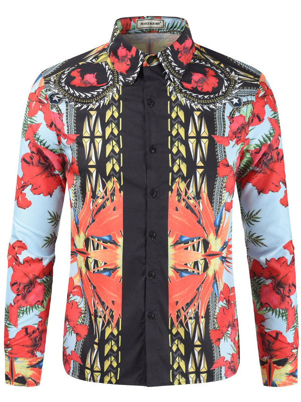 Mens Printed Lapel Long-Sleeved Casual Shirt
