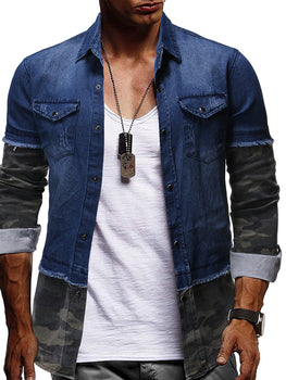 Fashion Camouflage Stitching Denim Long Sleeve Shirt