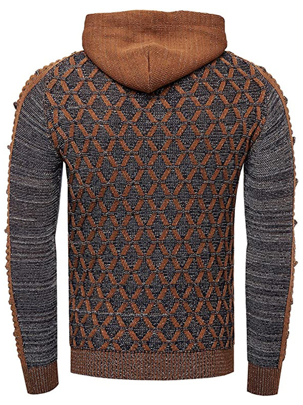 Mens Slim Mixed Color Stand-Up Collar Drawstring Hooded Sweater