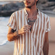Men's New Casual White Striped Lapel Button Short Sleeve Shirt