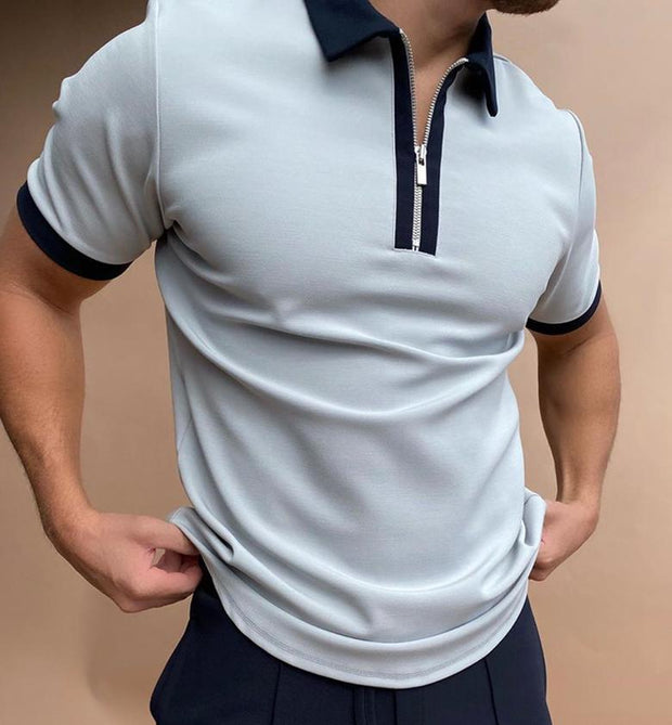 Contrasting color Zip Polo pink and navy blue polo shirt