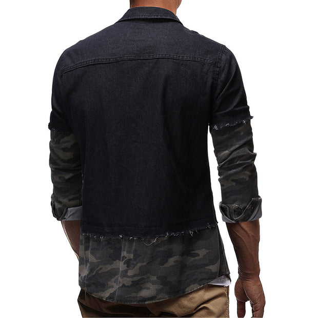 Fashion Camouflage Stitching Denim Long Sleeve Shirt