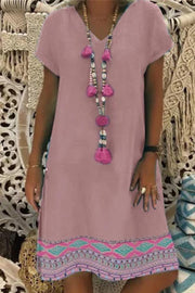 Ethnic Printed Short Sleeved V Neck Dress