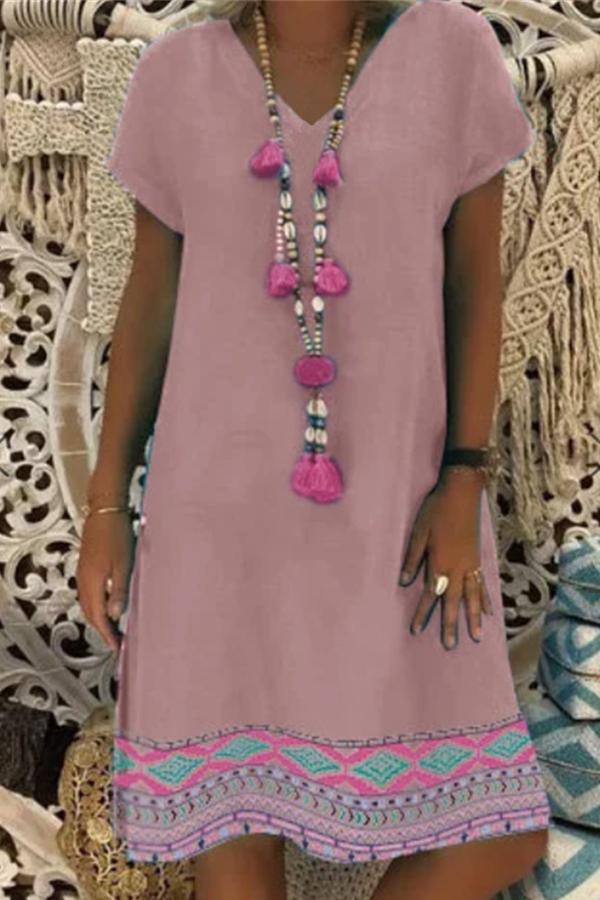 Ethnic Printed Short Sleeved V Neck Dress