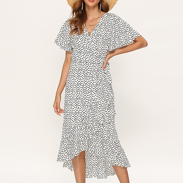Fashion printed high-waist lace-up V-neck sexy chiffon swing irregular dress