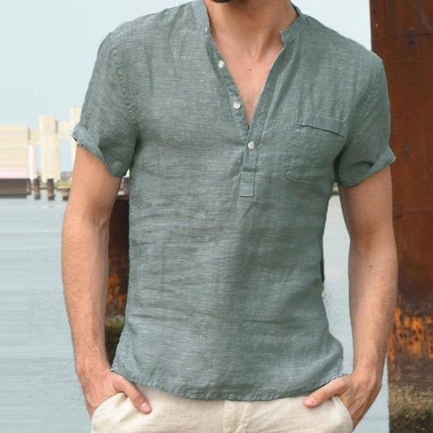 Men's New Casual Linen Solid Color Pullover Shirt