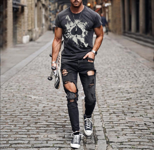 Mens Fashion Washed Poker Print T-shirt