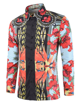 Mens Printed Lapel Long-Sleeved Casual Shirt