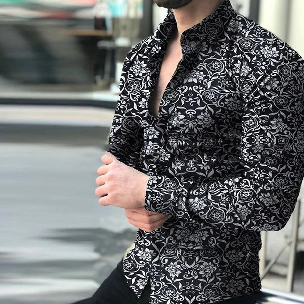 Men's Casual Long Sleeve Floral Shirt