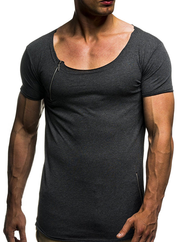 Mens Round Neck Zipper Stitching Slim Short Sleeve T-Shirt