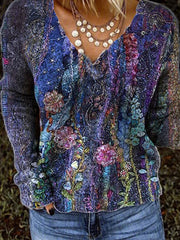 Womens Vintage Print V-Neck Long Sleeve T-Shirt