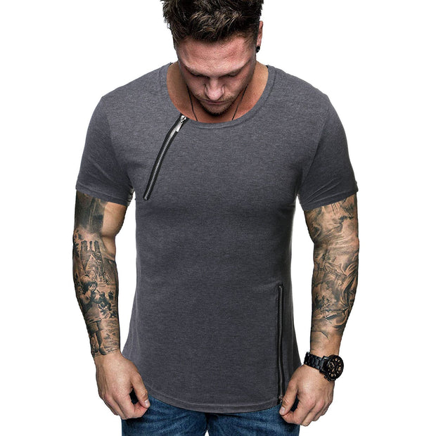 Mens Fashion Zipper Stitching Short Sleeve T-Shirt
