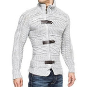 Men's High Neck Leather Button Knitted Sweater