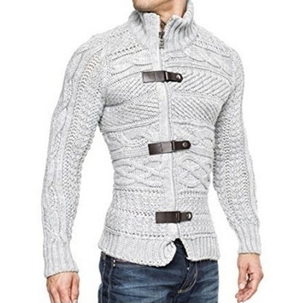 Men's High Neck Leather Button Knitted Sweater