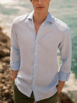 Men's solid color lapel linen long-sleeved shirt
