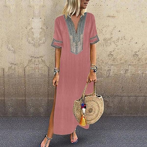 Neocozy Ethnic Short Sleeve Loose Plain Dress