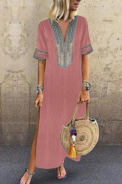 Neocozy Ethnic Short Sleeve Loose Plain Dress