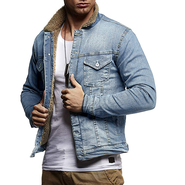 Men's fashion casual thick velvet lapel denim jacket