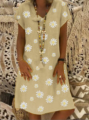 Daisy Flower Printed Short Sleeve Linen Dress