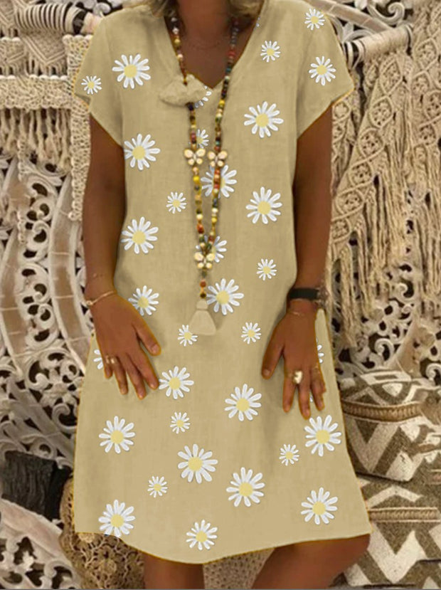 Daisy Flower Printed Short Sleeve Linen Dress