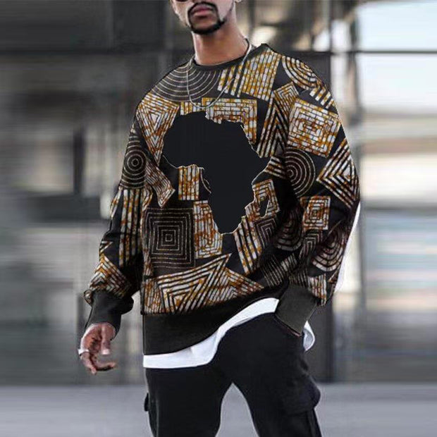 Mens Fashion Casual Printed Loose Round Neck Sweater