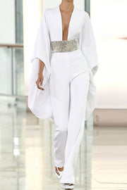 Ladies New Plain Fashion Sexy Deep V Slim Jumpsuit