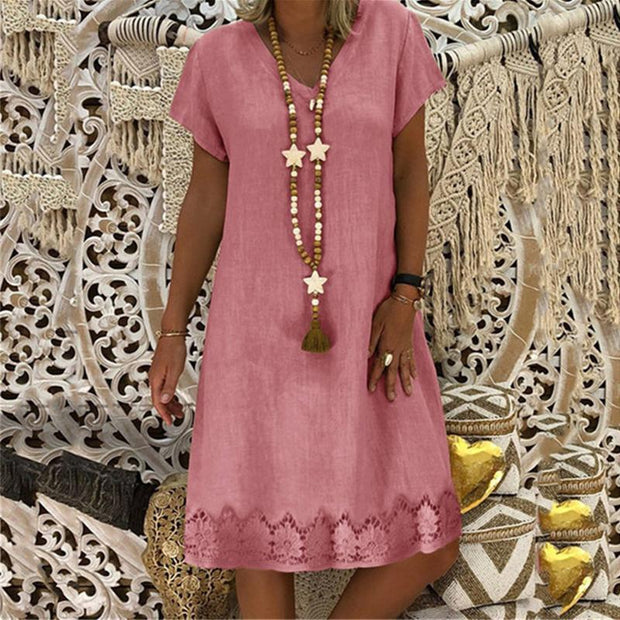 V-Neck Shift Women Short Sleeve Casual Solid Summer Dress