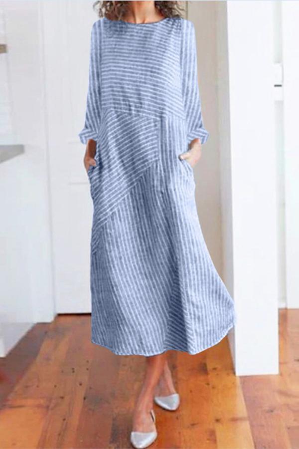 Neocozy Women Round Neck Long Sleeve Striped Printed Maxi Dress