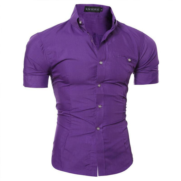 Mens Short-sleeved Shirt Slim Solid Color Shirt