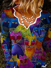 Womens Vintage Printed V-Neck Long Sleeve Top