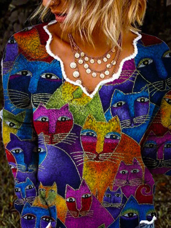 Womens Vintage Printed V-Neck Long Sleeve Top