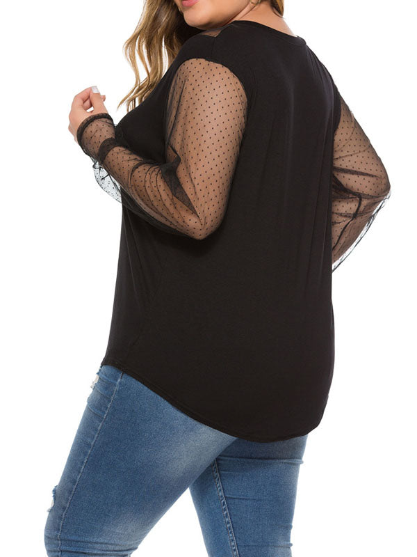Womens Plus Size Mesh Stitching See-through Long-sleeved Top